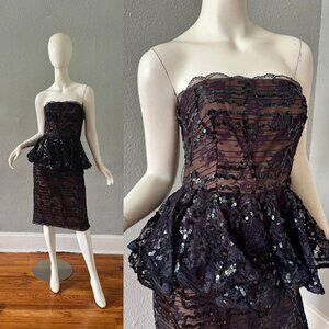 Vintage 60s Strapless Black ILLUSION Lace Peplum Pencil Cocktail Dress S